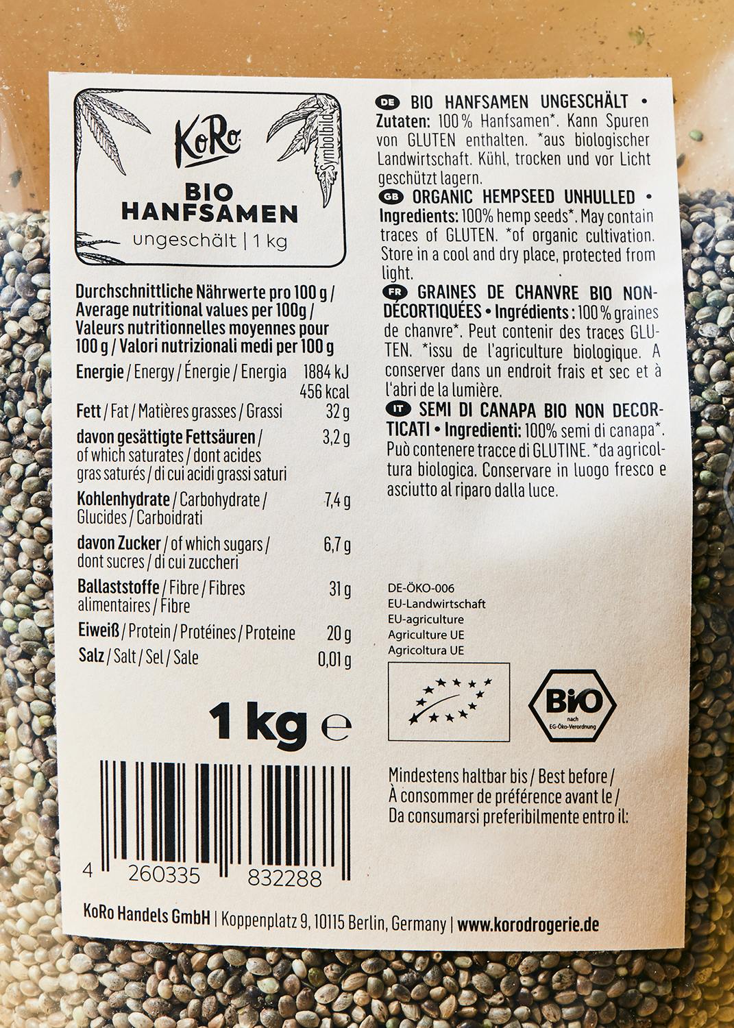 Ungeschälte Bio Hanfsamen 1 kg