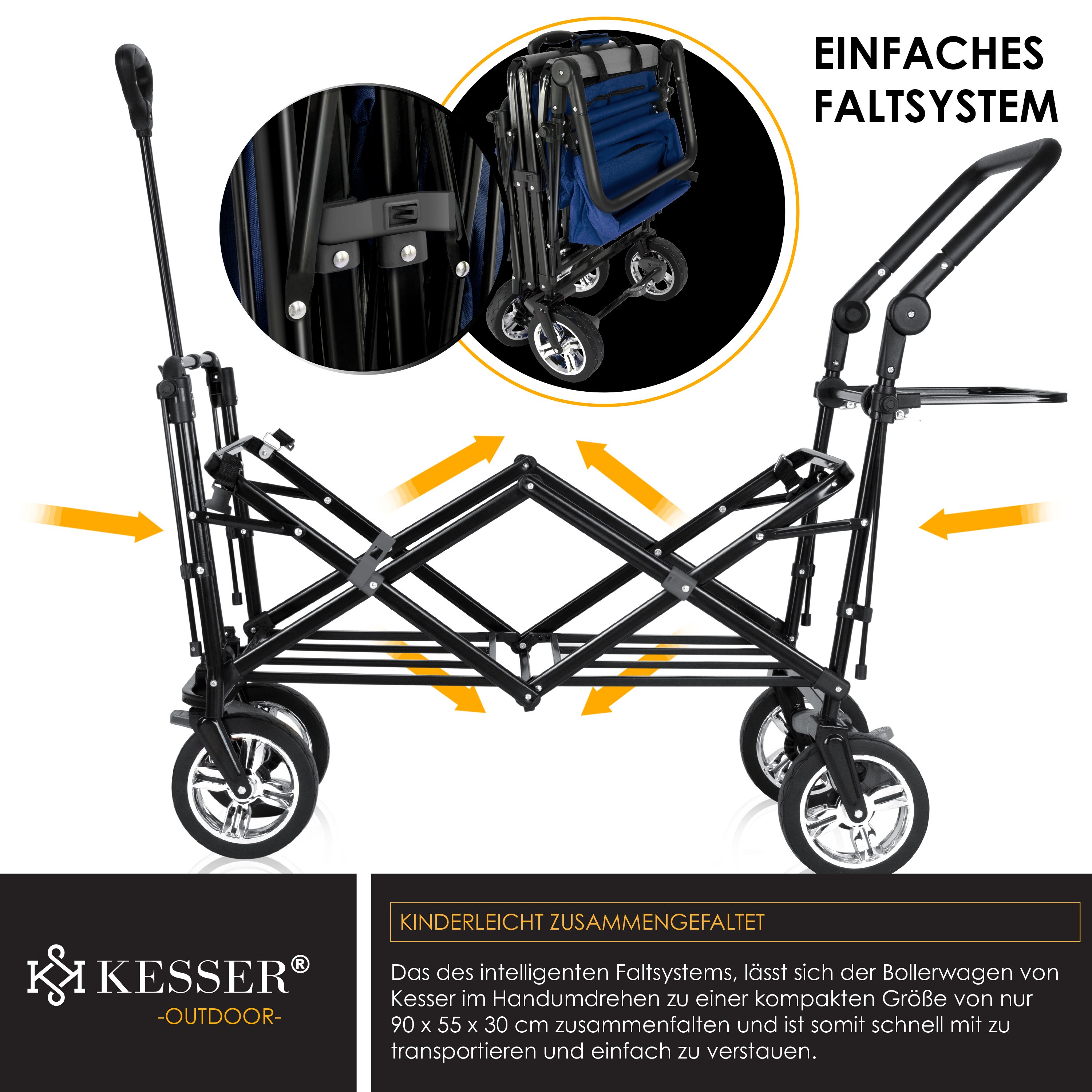 KESSER® Bollerwagen faltbar GT9000 mit Dach Handwagen Transportwagen | inkl. 2x 3-Punkt Gurtsystem| klappbar | Vollgummi-Reifen | bis 80 kg | Vorder- und Hinter-Bremse | + Tragetasche