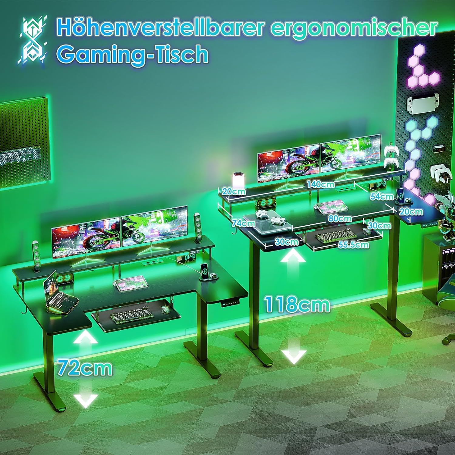 OffiGo U-förmiges Höhenverstellbarer Schreibtisch, 140 cm Elektrischer Steh-Sitz Tisch mit Monitorständer, Steckdosen & USB-Ladeanschluss, Standing Desk mit LED, Gaming & Office Computertisch, Schwarz
