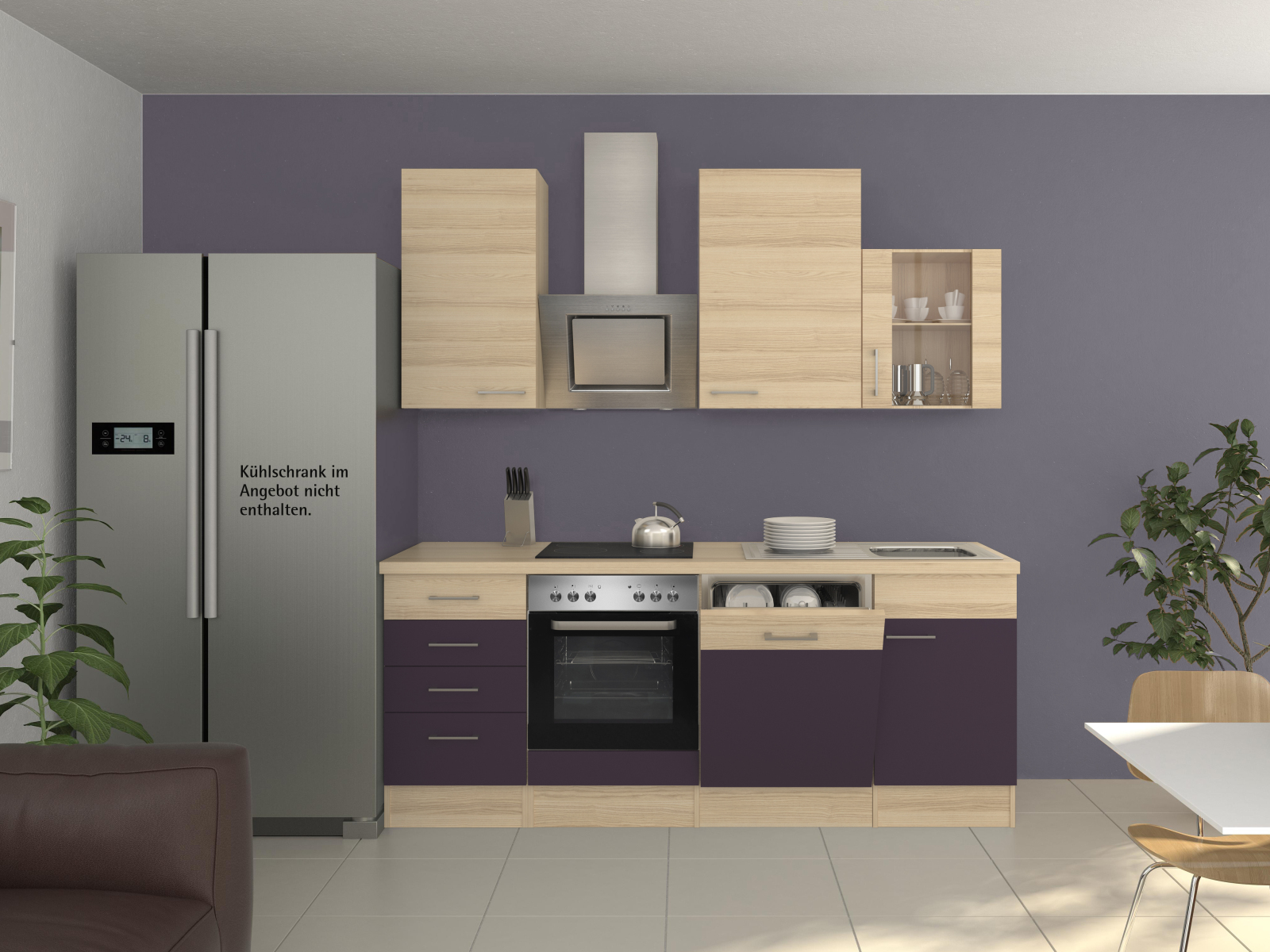 Küchenblock FOCUS - Akazie-Aubergine - mit E-Geräten - 220 cm