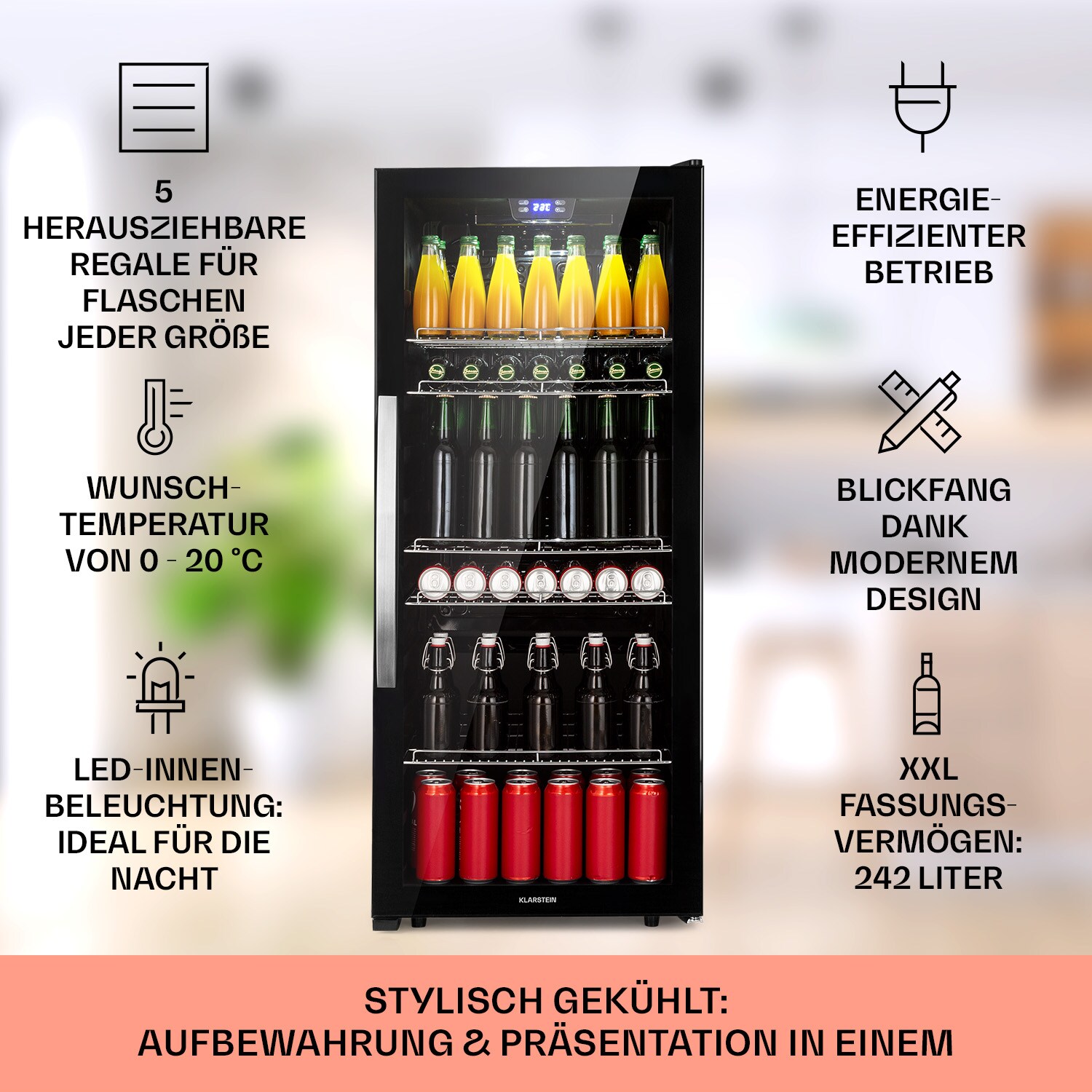 Beersafe 7XL Kühlschrank 242 Liter 5 Böden Panoramaglastür Edelstahl Onyx 242 Liter