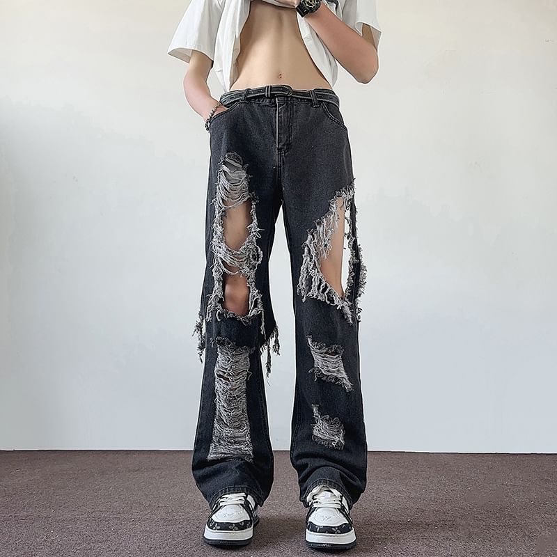 Phoneus - Low Rise Cutout Washed Distressed Loose Fit Jeans