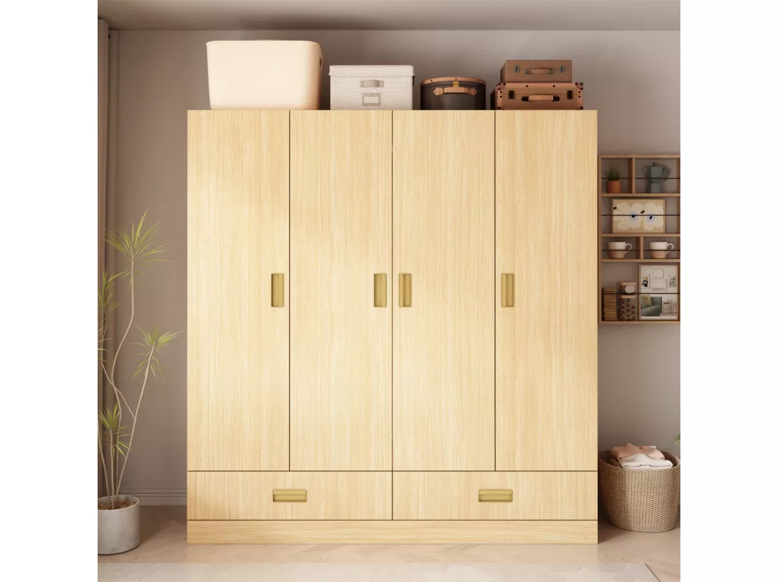 Armoire avec 4 portes Armoire avec barres de penderie et étagères pour la chambre à coucher Bois 160x50x180cm