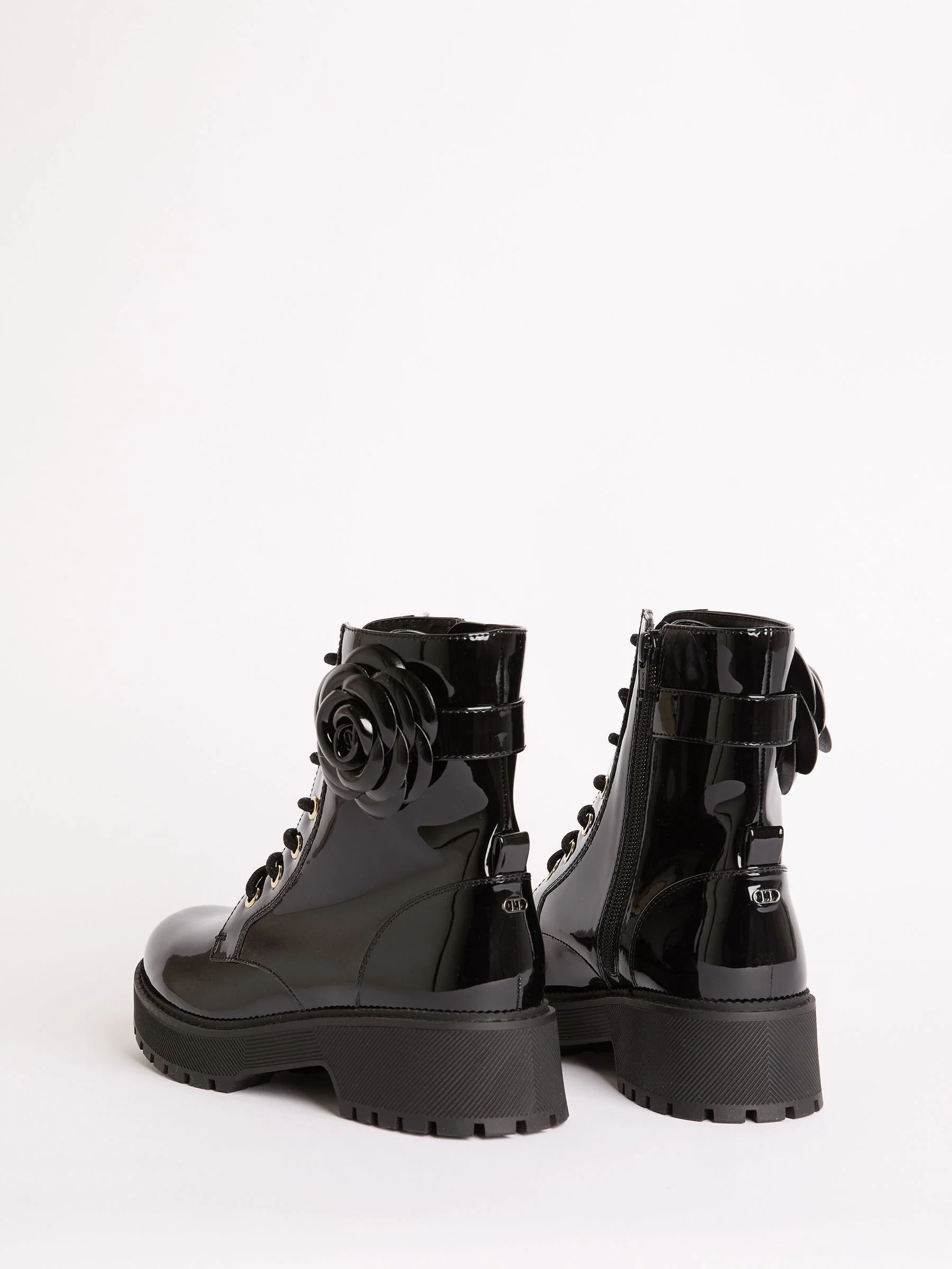 Lipsy Faux Leather Patent Lace Up Chunky Boots with Corsage
