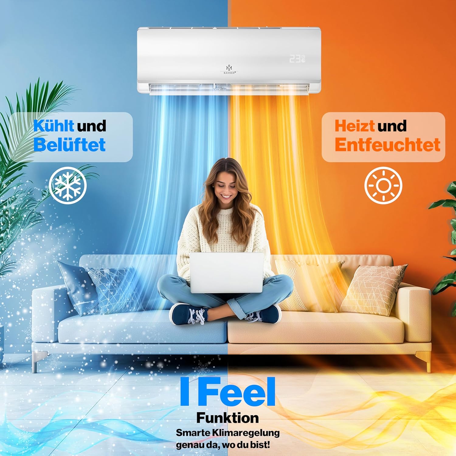 KESSER® Klimaanlage SET Split - mit WiFi/App Funktion Klimagerät - Kühlen A++/ Heizen A+ -12000 BTU/h (3.400 Watt) Sehr Leise, Kältemittel R32 - Fernbedienung, Timerfunktion - Inkl. Montagematerial