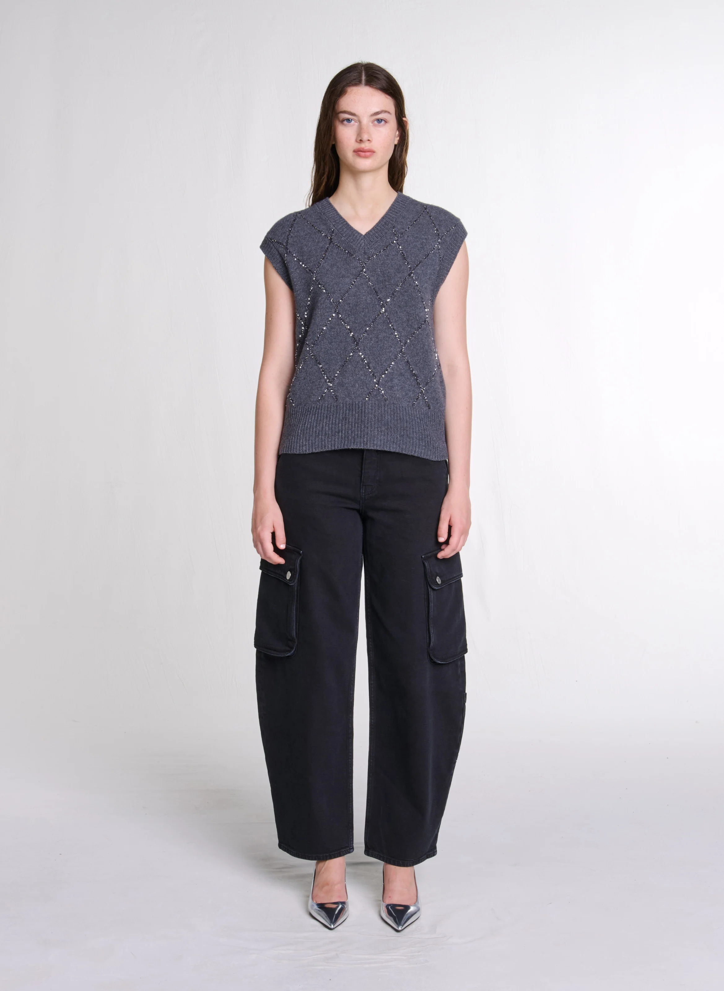 Top col V en laine mélangée | Gris
