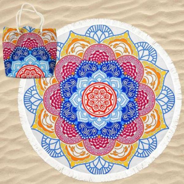 Toalha de Praia Microfibra Redonda Mandala Lótus com Saco 180 cm