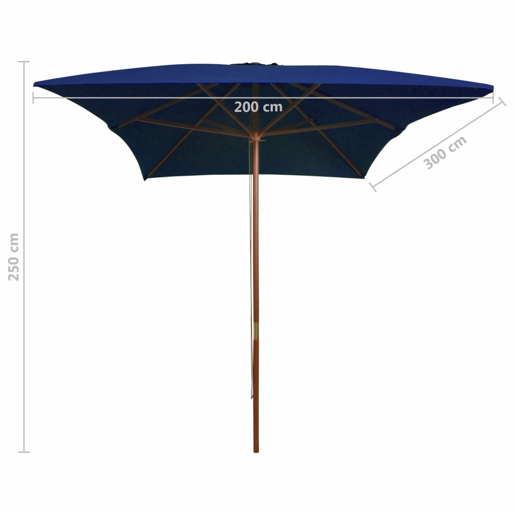 Parasol d'extérieur avec mât en bois 200 x 300 cm bleu