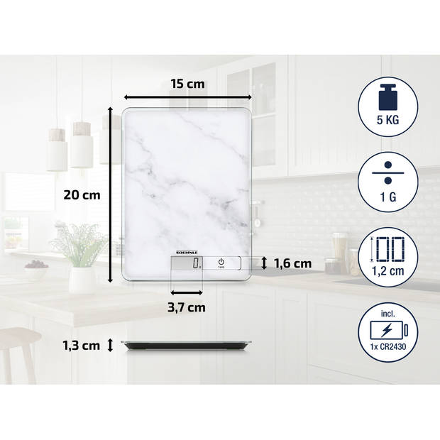 Soehnle keukenweegschaal Compact 300 - digitaal - 1 gr nauwkeurig - tot 5 kg - marmerlook - wit