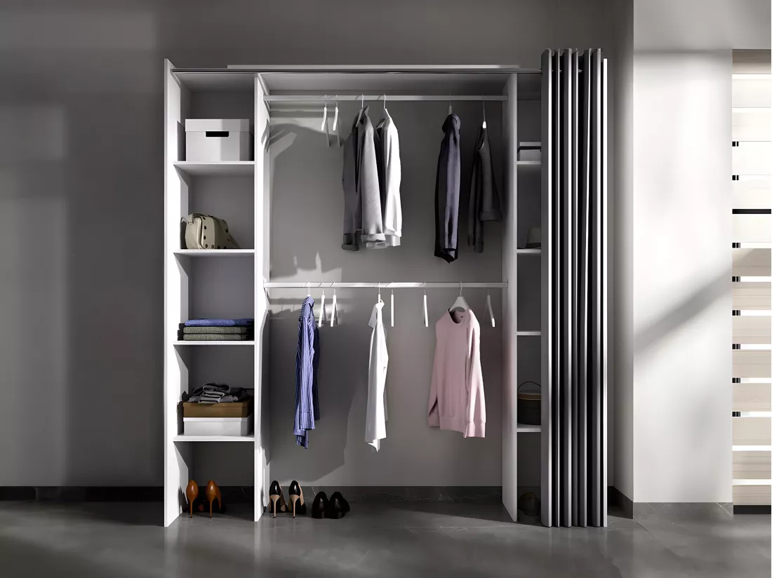 Dressing extensible DORIAN avec rideau - L110/180 cm - Coloris : Blanc et gris