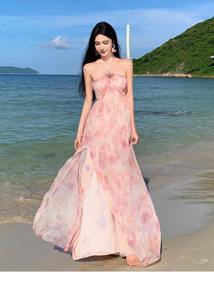Moanum - Halter maxi-zonnejurk met bloemenprint en zijsplit