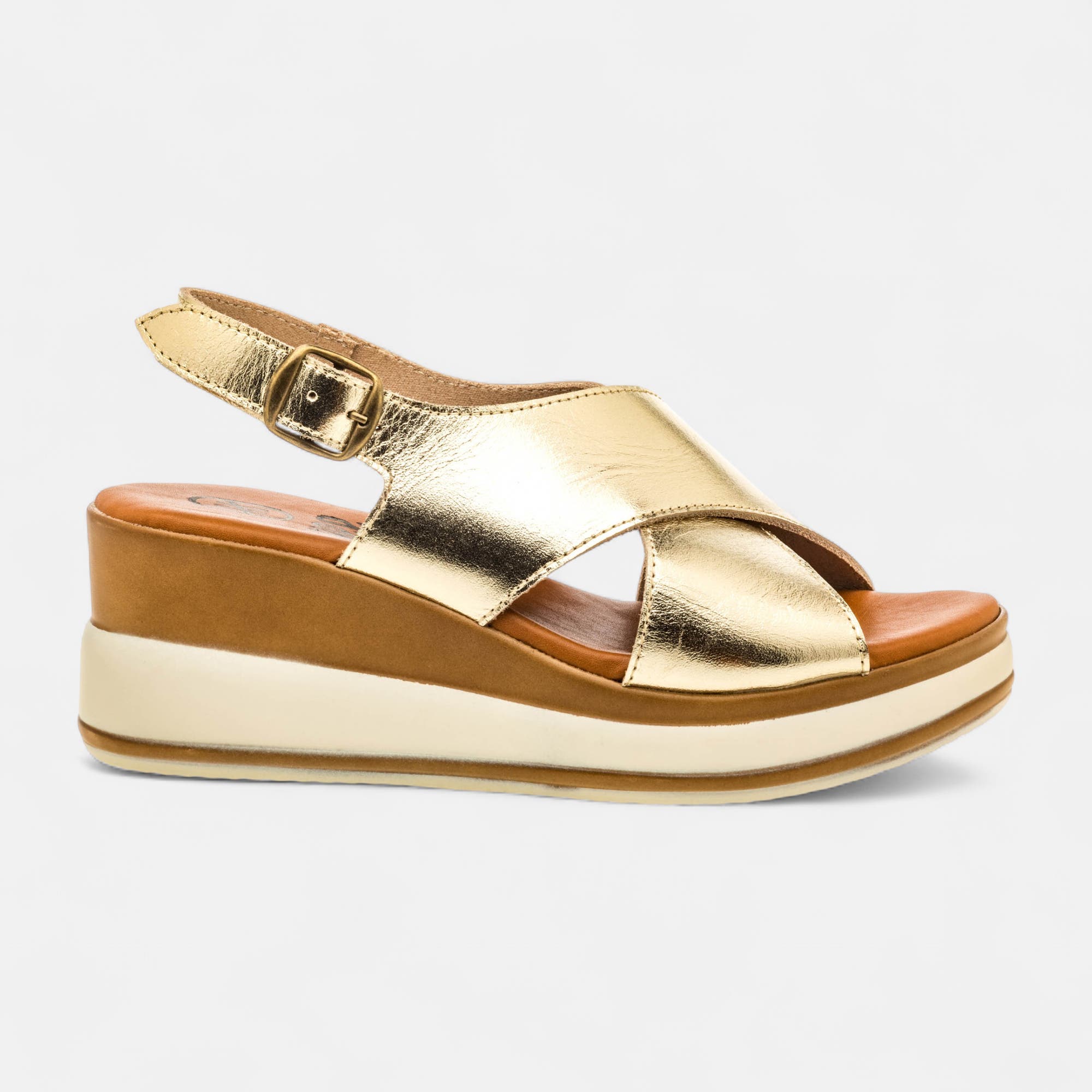 Nu-pieds à talon compensé Femme en cuir or