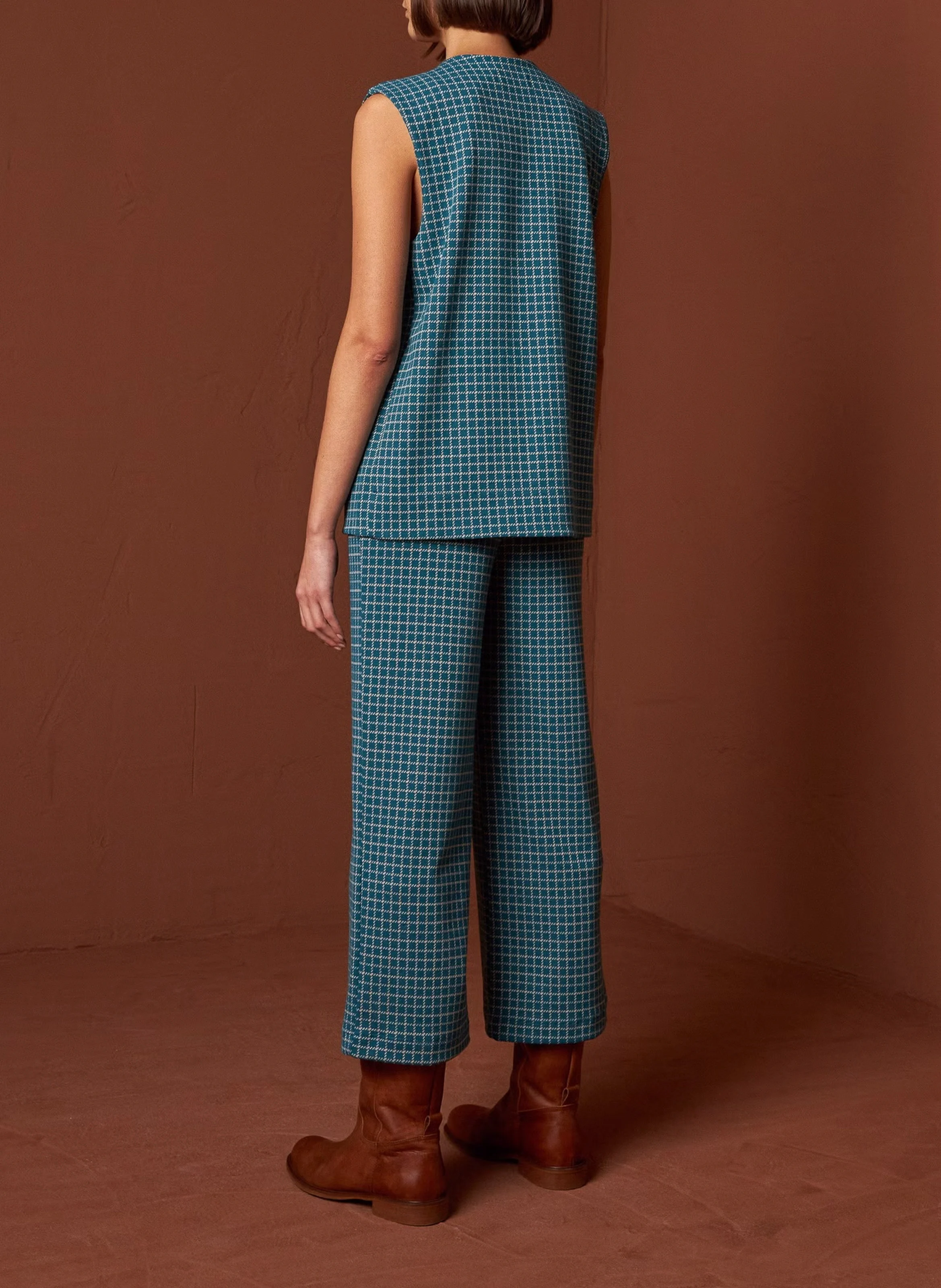 Gilet col V à carreaux | Bleu
