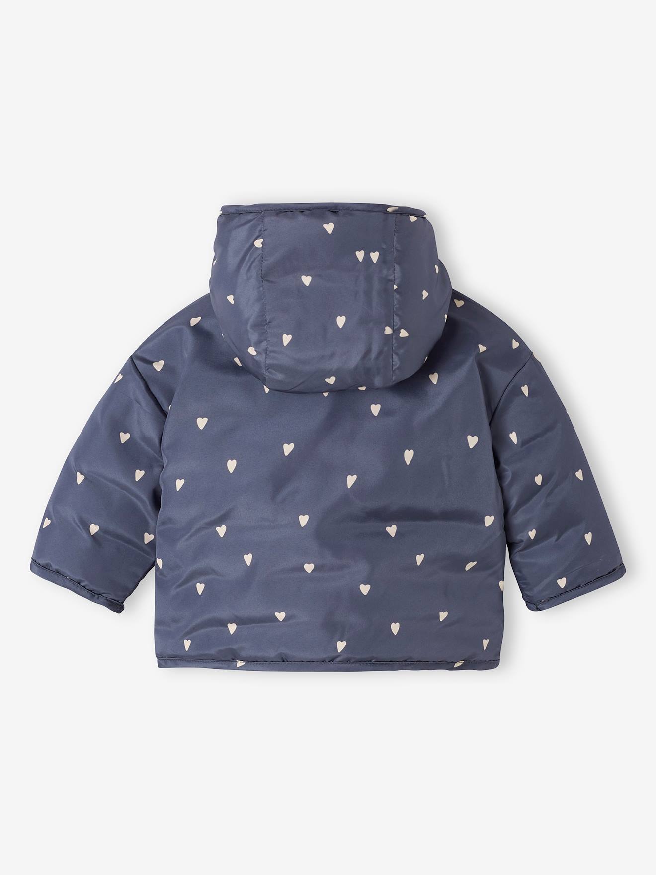 Casaco reversível acolchoado para bebê, roxo médio, liso com estampas.