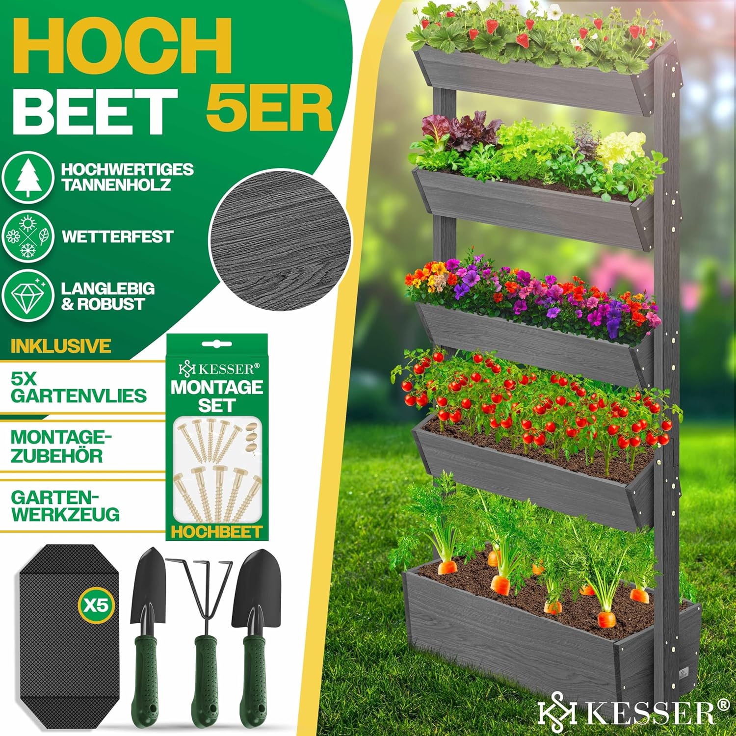 KESSER® Hochbeet mit 5 Etagen Premium Blumenkasten Blumentreppe Pflanztreppe Gemüsebeet Kräuterbeet Pflanzkübel Frühbeet Blumenbeet Pflanzkasten mit Gartenvlies - Beet inkl. Schaufelset, Anthrazit
