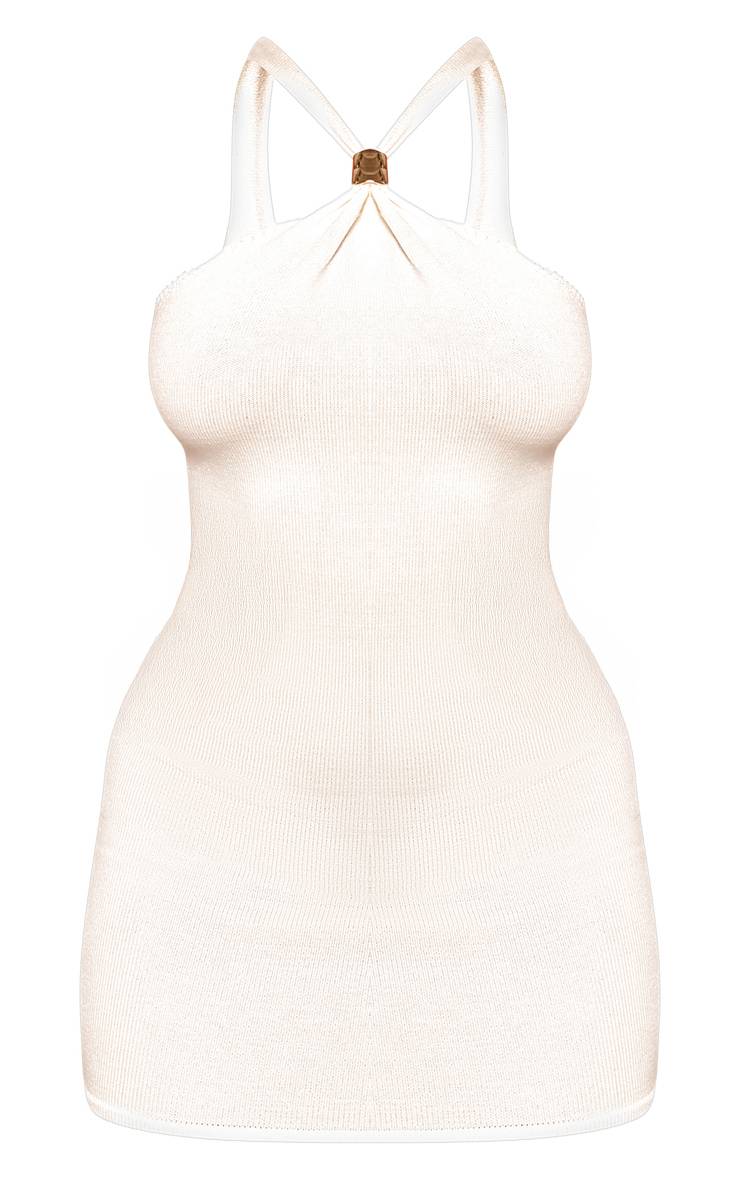 Crème Robe Mini Moulante En Maille Avec Détails Dorés Et Devant Croisé