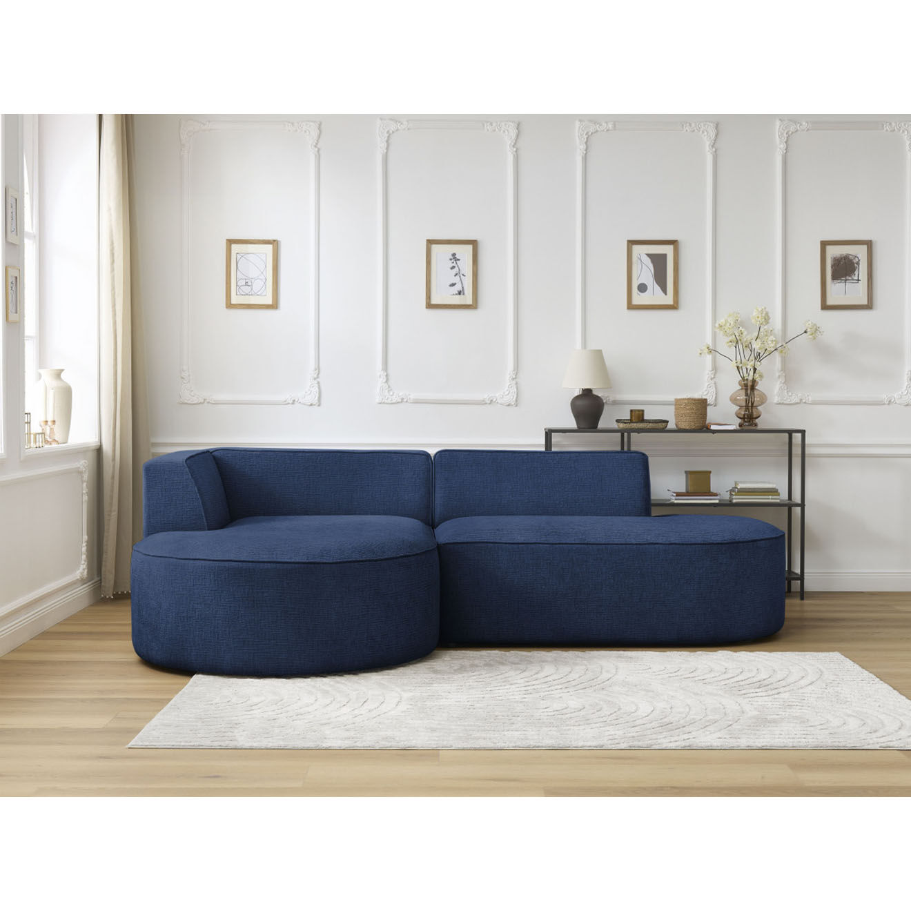 Bobochic Canapé d'angle gauche fixe 4 places Rousseau texturé bleu foncé - 250x160x72 cm