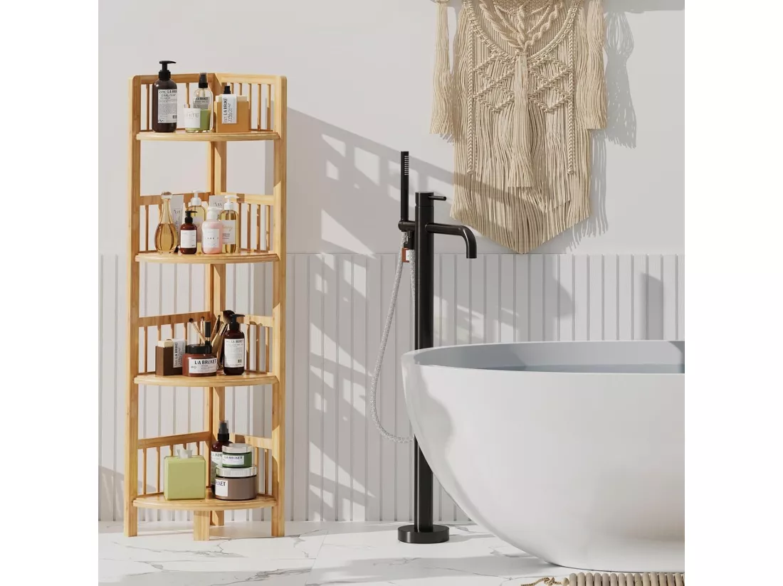 Etagère d'angle 4 niveaux en bambou,Étagère de Rangement pour Salon Salle de Bain Cuisine Balcon Couloir 104 x 30 x 30 cm - Naturel