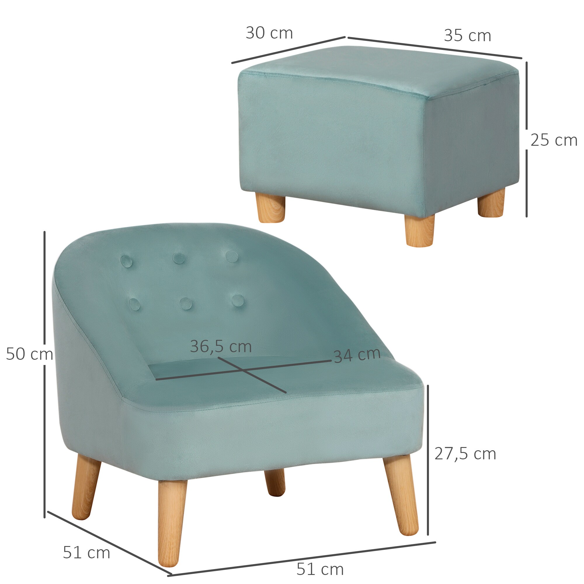 HOMCOM Kindersofa-Set mit Fußhocker 51L x 51B x 50H cm