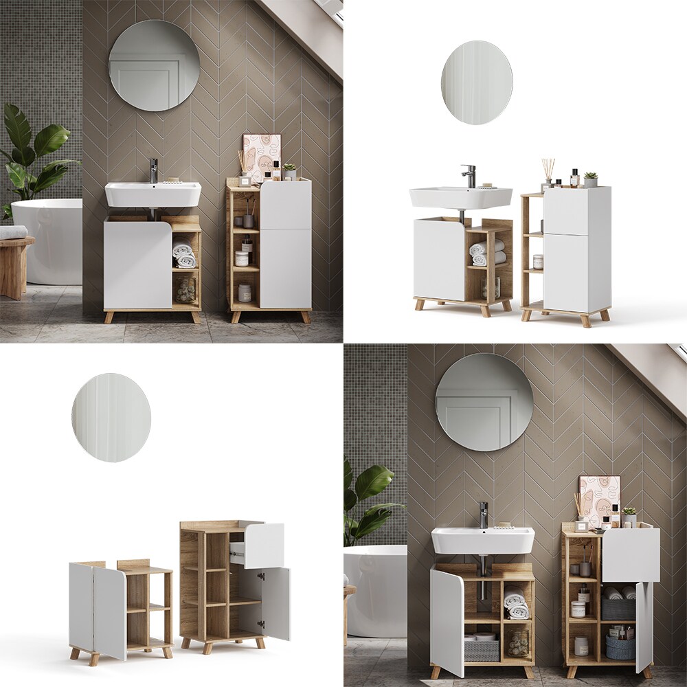 Vicco Badmöbel-Set Karen, Sonoma Weiß, moderne Badezimmerserie, 2 Farben, Waschtischunterschrank, Badspiegel, Unterschrank