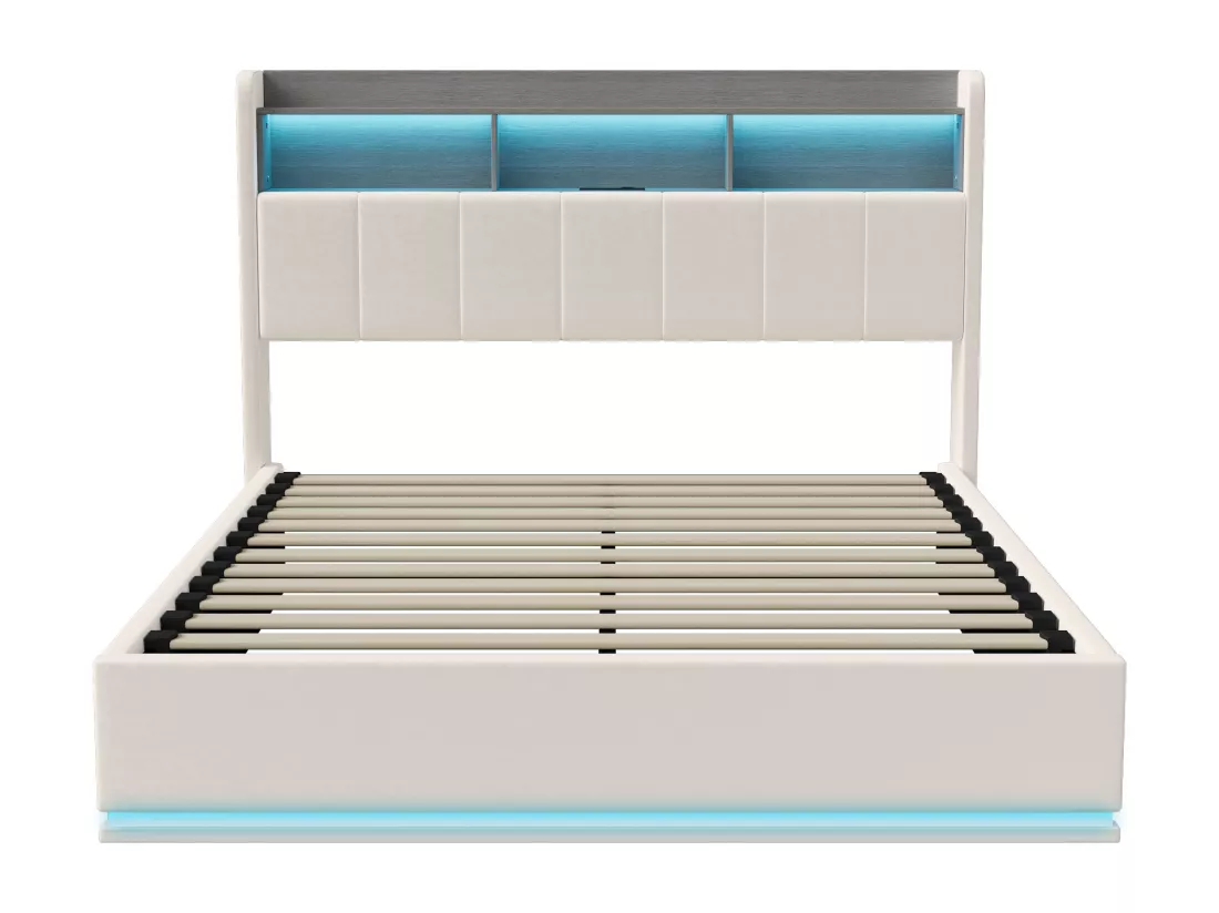 Lit coffre double 160 x 200 cm, tête de lit avec rangements et bande lumineuse LED, chargement USB, velours blanc, sommier à lattes, structure en métal, lit tapissé hydraulique - Blanc