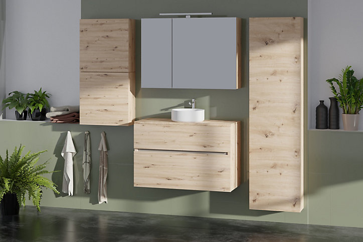 Meuble sous-vasque faible profondeur à suspendre Calao aspect chêne artisan 90 cm + plan de toilette