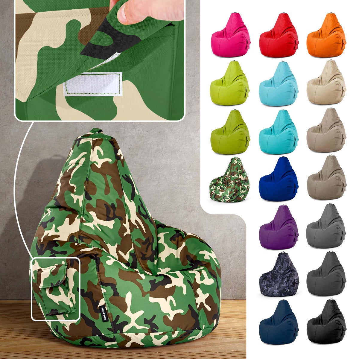Green Bean Zitzak met rugleuning 80x70x90cm - Gaming stoel met 230L vulling, comfortabel, zacht, wasbaar - Zitzak vloerkussen, loungestoel, relaxstoel, gamerstoel, camouflagegroen