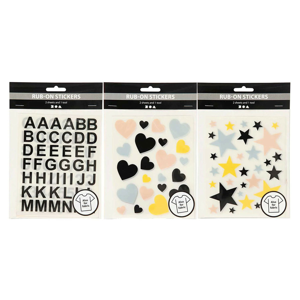 6 planches de transfert textile 12 x 15 cm - étoiles-cœurs-alphabet