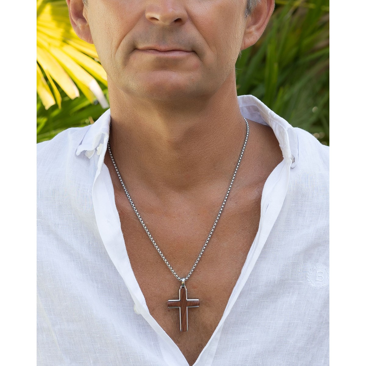 Collier acier avec pendentif croix en bois bubinga 50+5cm