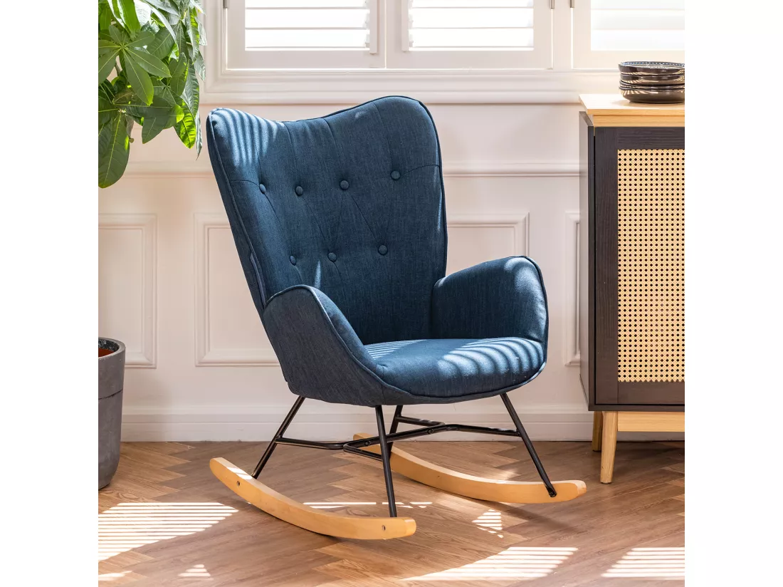 MEUBLES COSY Fauteuil à Bascule Allaitement Rocking Chair Scandinave Chaise Loisir Revêtement en Tissu avec Pieds en Bois Massif pour Salon, Chambre, Le balcon, Bleu Foncé