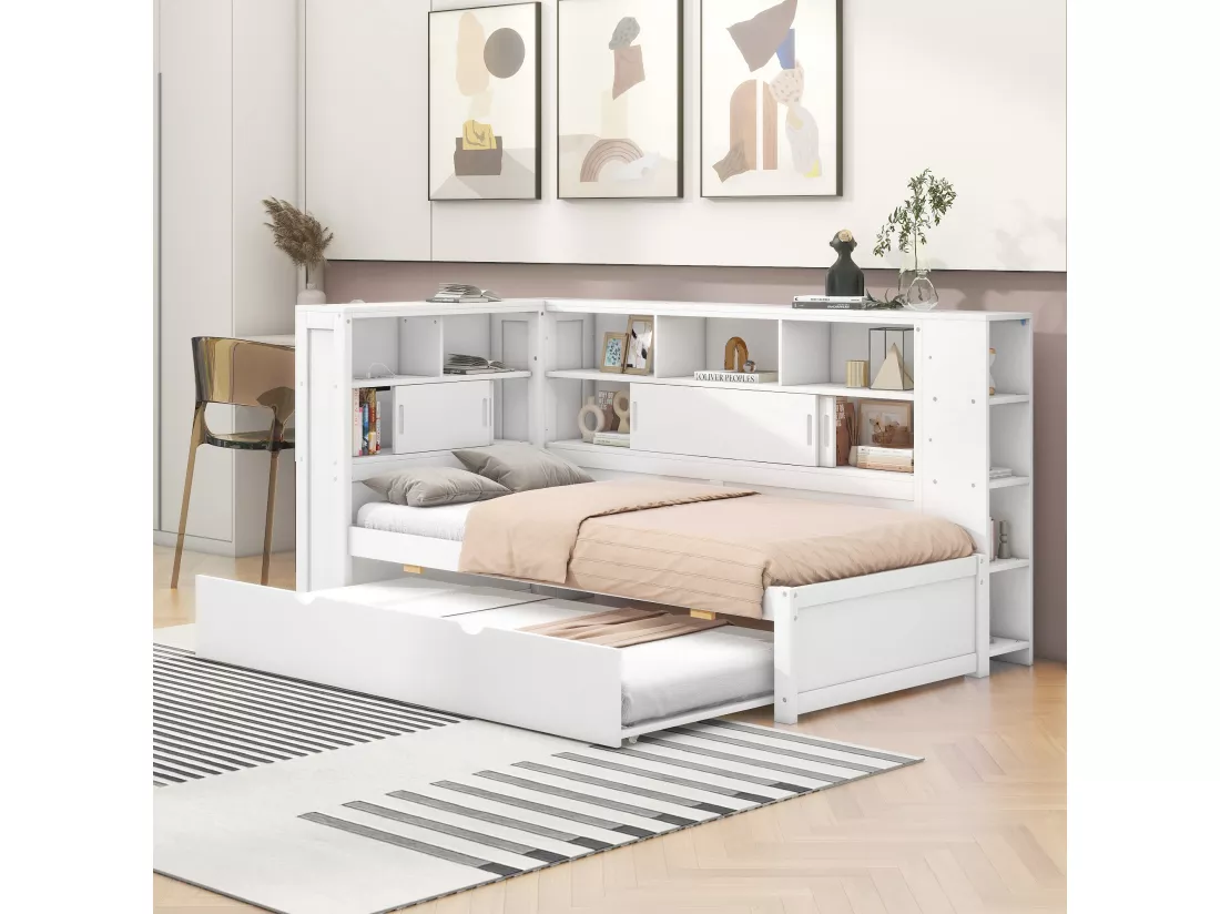Lit gigogne 90 x 190/200 cm avec tête de lit - Placards de rangement et Prises USB - Panneaux de particules+MDF - Blanc (sans matelas)