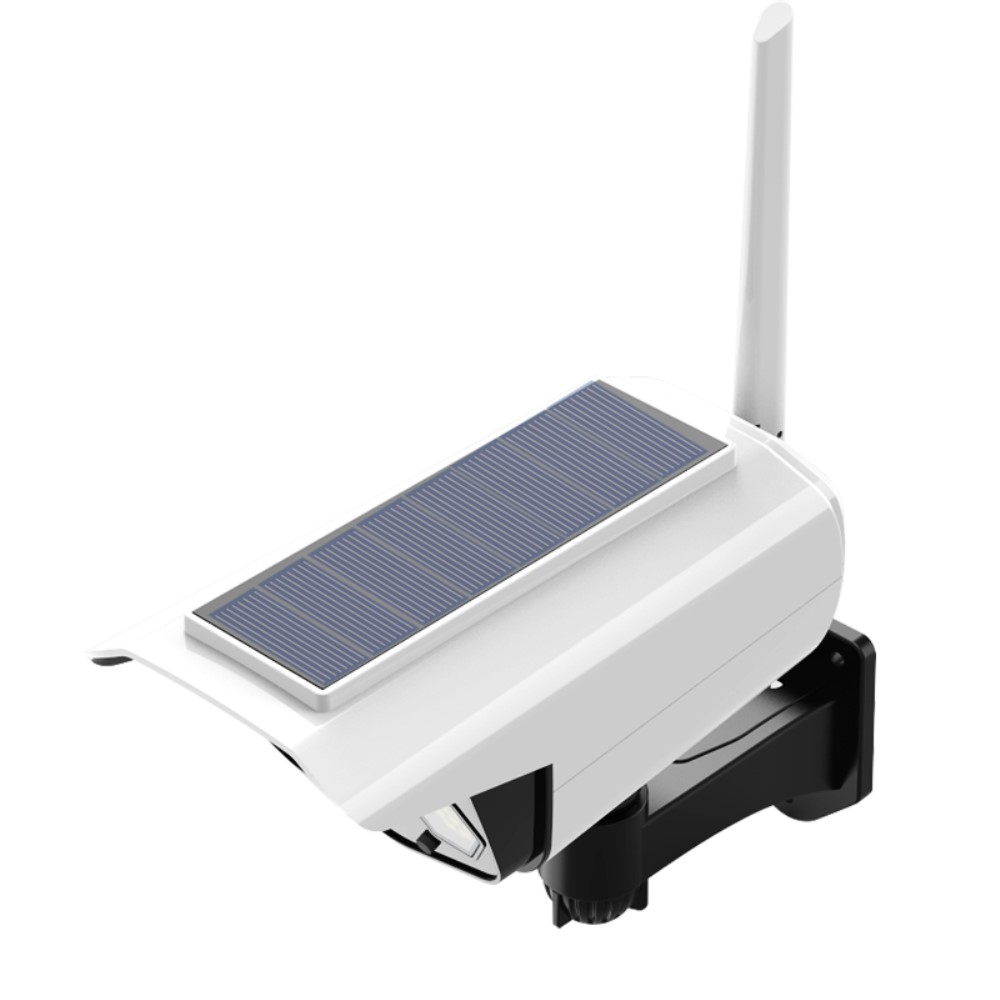 Dummy Outdoor Solar Sicherheitskamera Überwachungskamera Attrappe mit LED Beleuchtung und Fernbedienung inkl. Wandhalterung (IP66) - Weiss