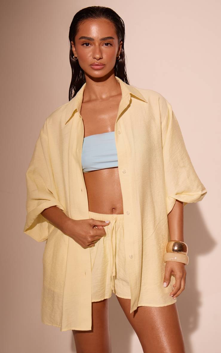 Citron Chemise De Plage À Épaules Tombantes Aspect Lin