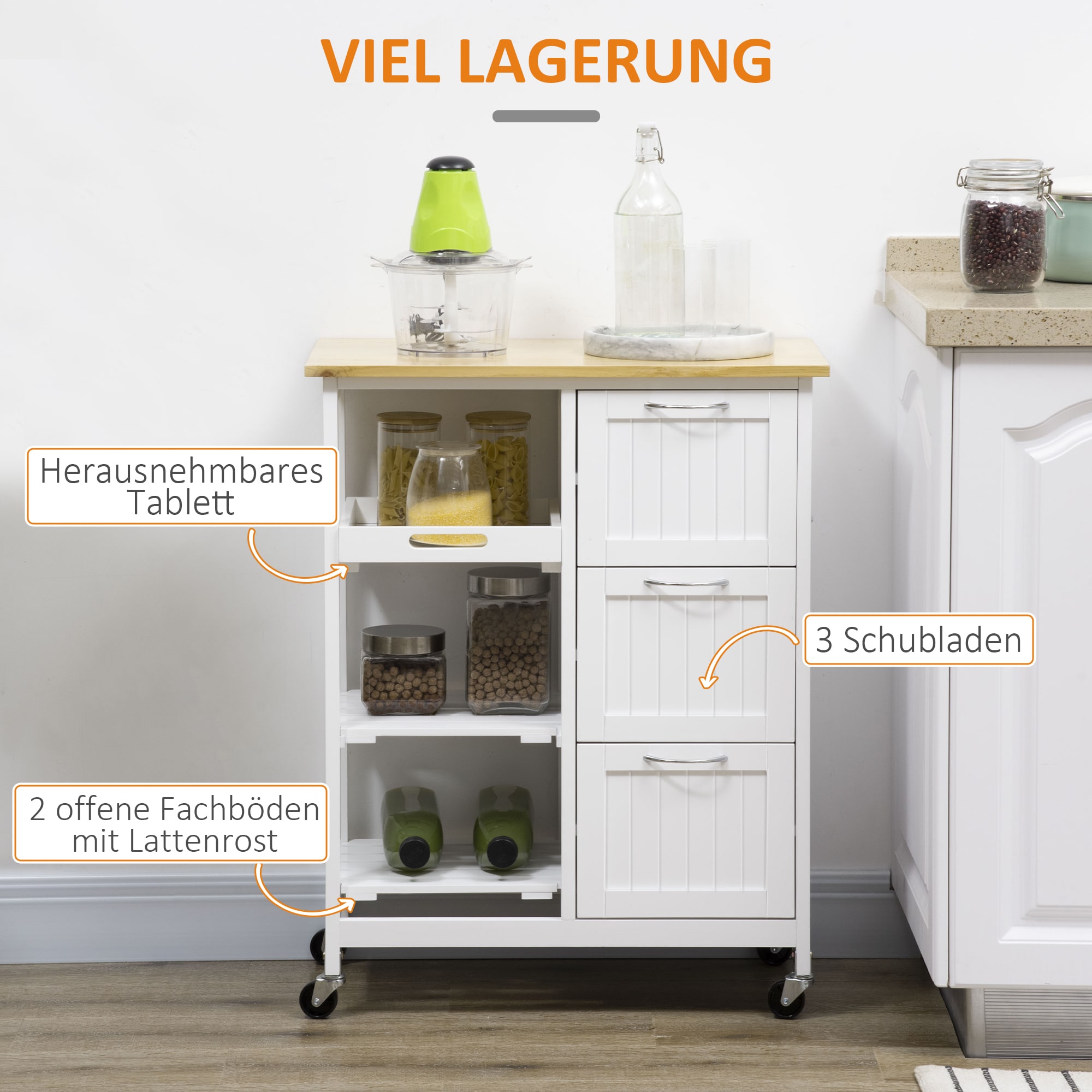 HOMCOM Küchenwagen mit drei großen Schubladen und 3 Ablagefächern natur, weiß 67L x 37B x 84H cm