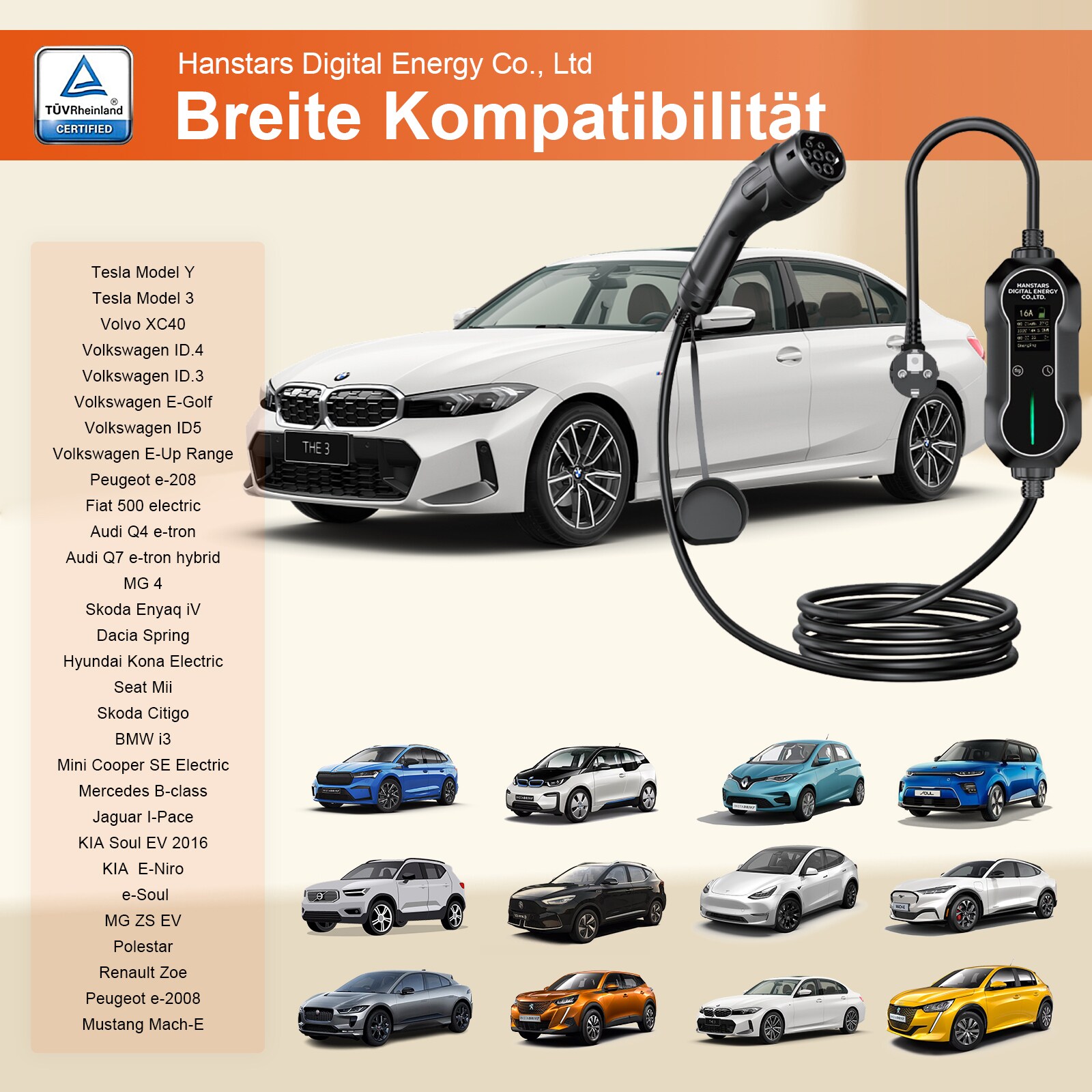 HANSTARS Portables EV Ladegerät Type 2 Schutzkontakt-Steckdose, 3.7 kW mit Tasche