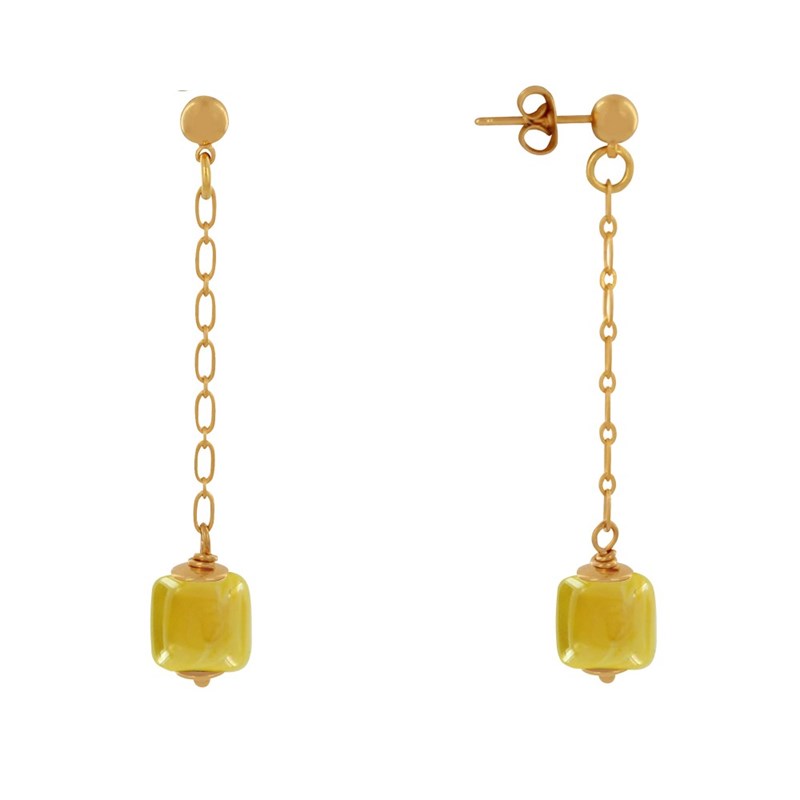 Boucles d'Oreilles Chainette Laiton Doré et Cube en Céramique