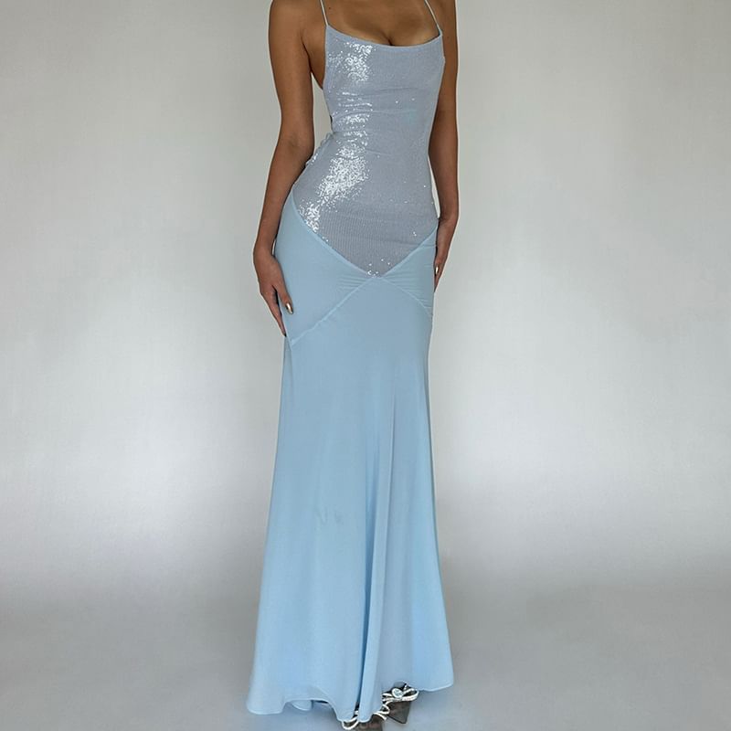 Weaveal - Halter Sequin Panel Mesh Maxi Sheath Dress