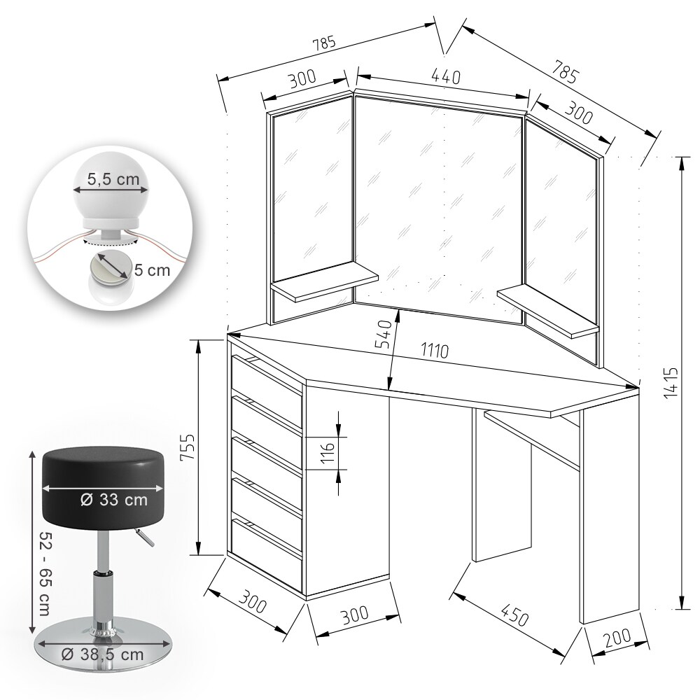 Vicco Schminktisch Arielle Frisiertisch Kommode Frisierkommode Spiegel Schwarz inklusive Hocker und LED-Lichterkette