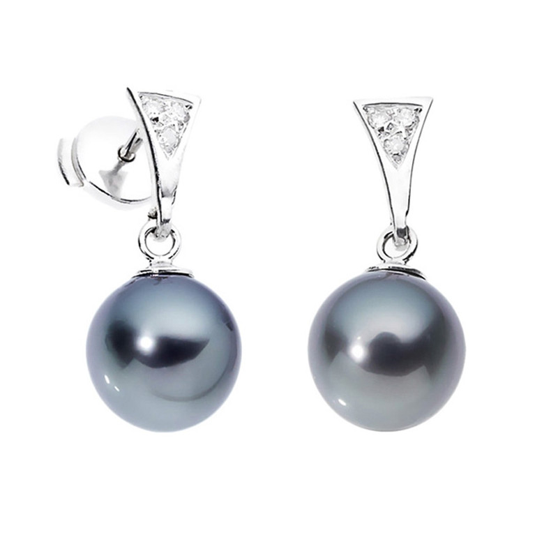 Boucles d'Oreilles Pendantes Femme Perle de Tahiti, Diamants et Or Blanc 750/1000