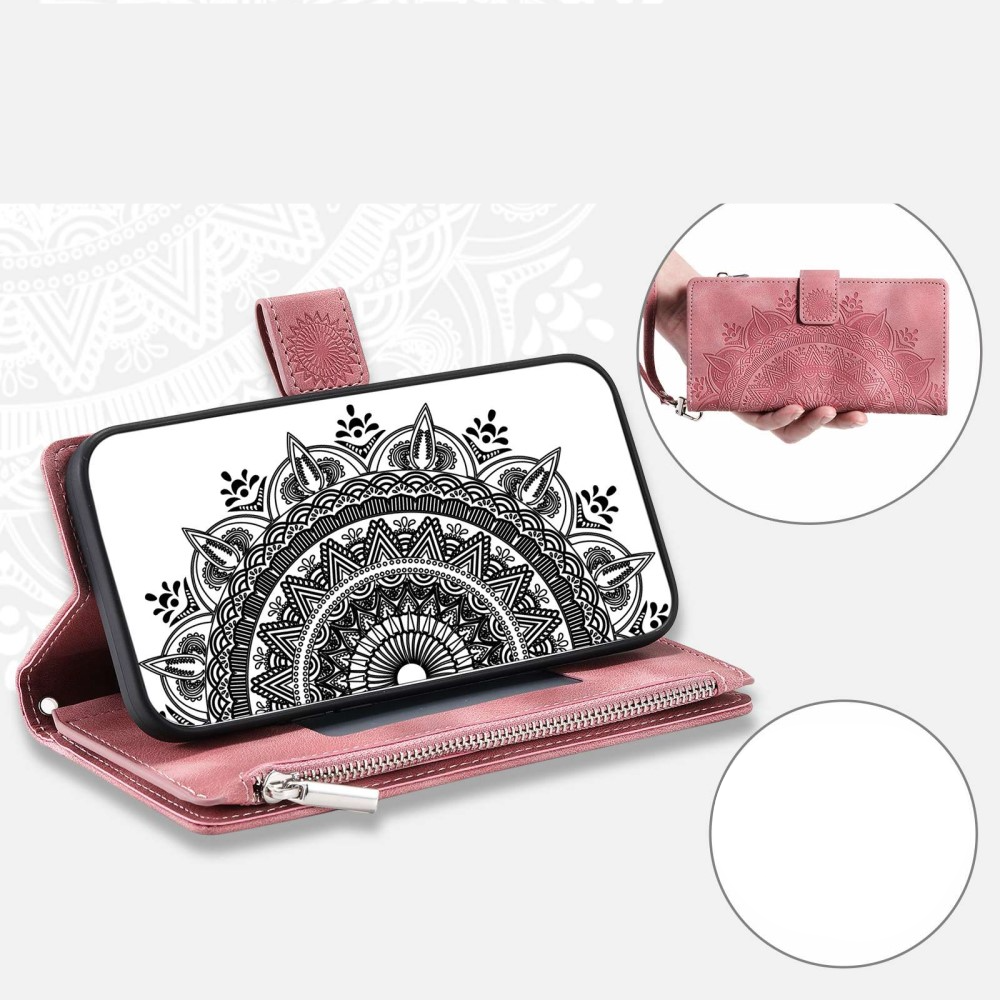 Samsung Galaxy S23 5G Leder Tasche Flip Cover mit Reissverschluss - Mandala Flowers Imprint - Rosa
