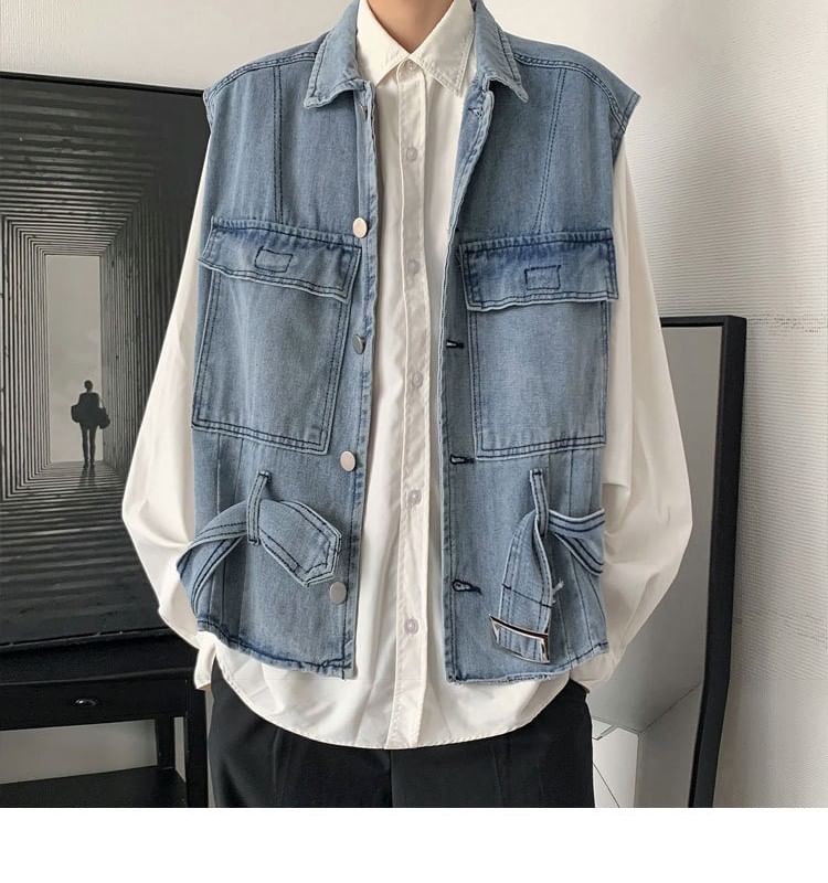 WidoWilder - Gewassen denim vest met kraag en gespen