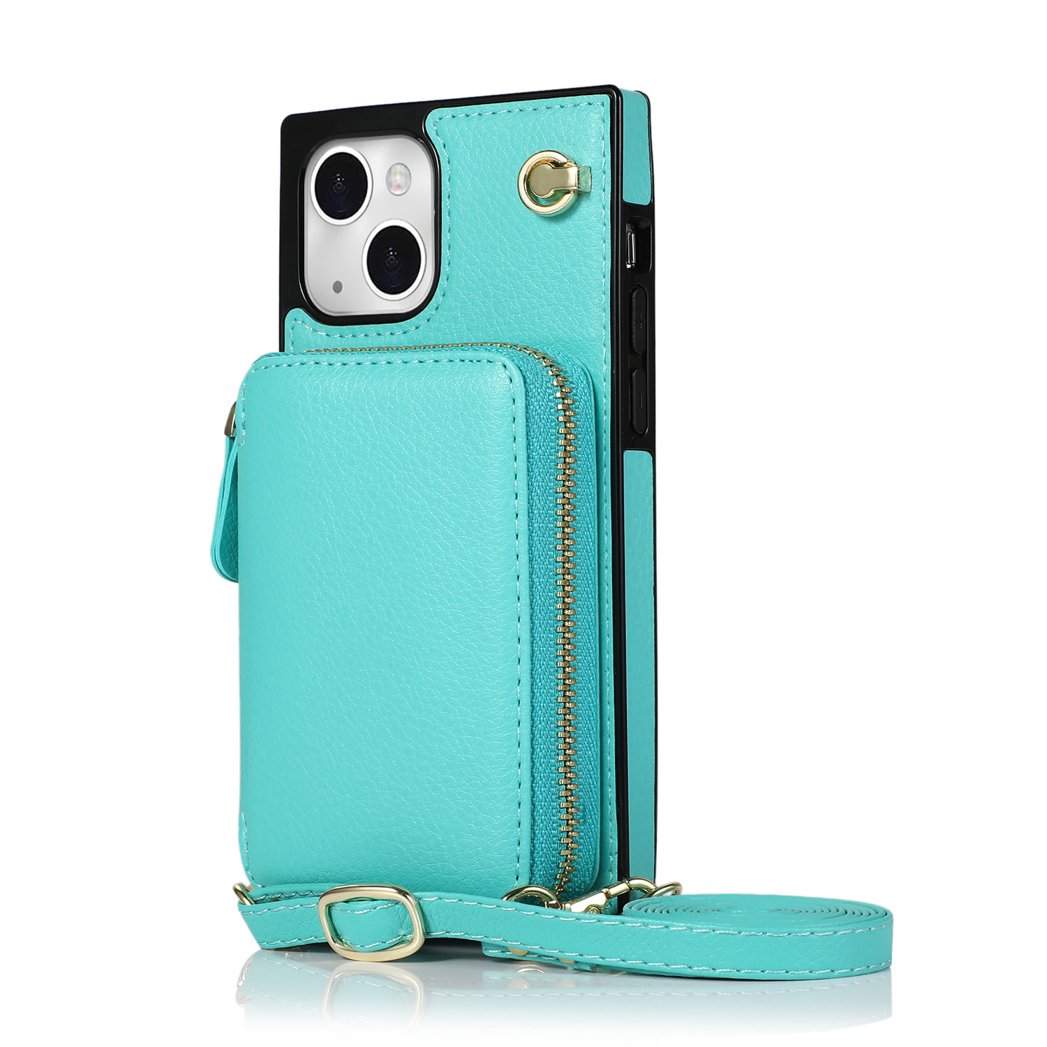 iPhone 13 Necklace Leder Schutz Hülle mit Kartenfächer   Handykette (140cm) - Türkis