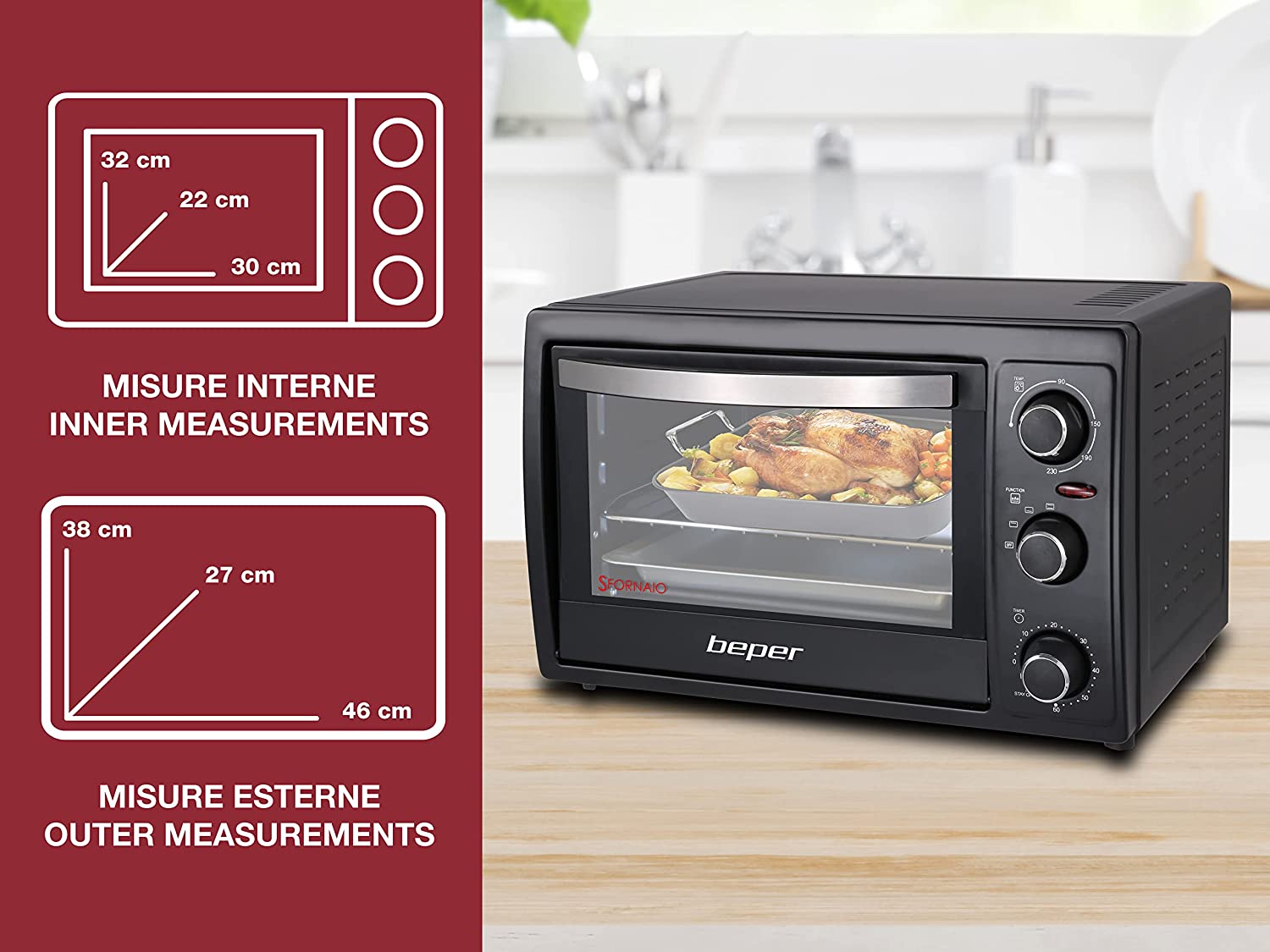 Beper 90.884 Elektrischer Backofen mit 30 Liter Fassungsvermögen und 1300 Watt Leistung