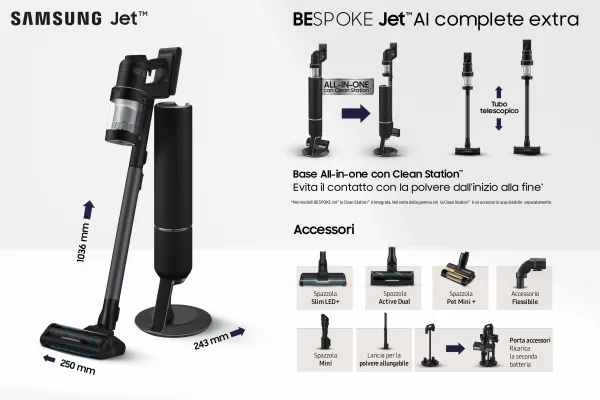Samsung BESPOKE Jet Complete Extra VS28C9784QK - Støvsuger - pind/håndholdt (2-i-1) - uden pose - ledningsfri - satin black - 2 batterier, inkluderet oplader