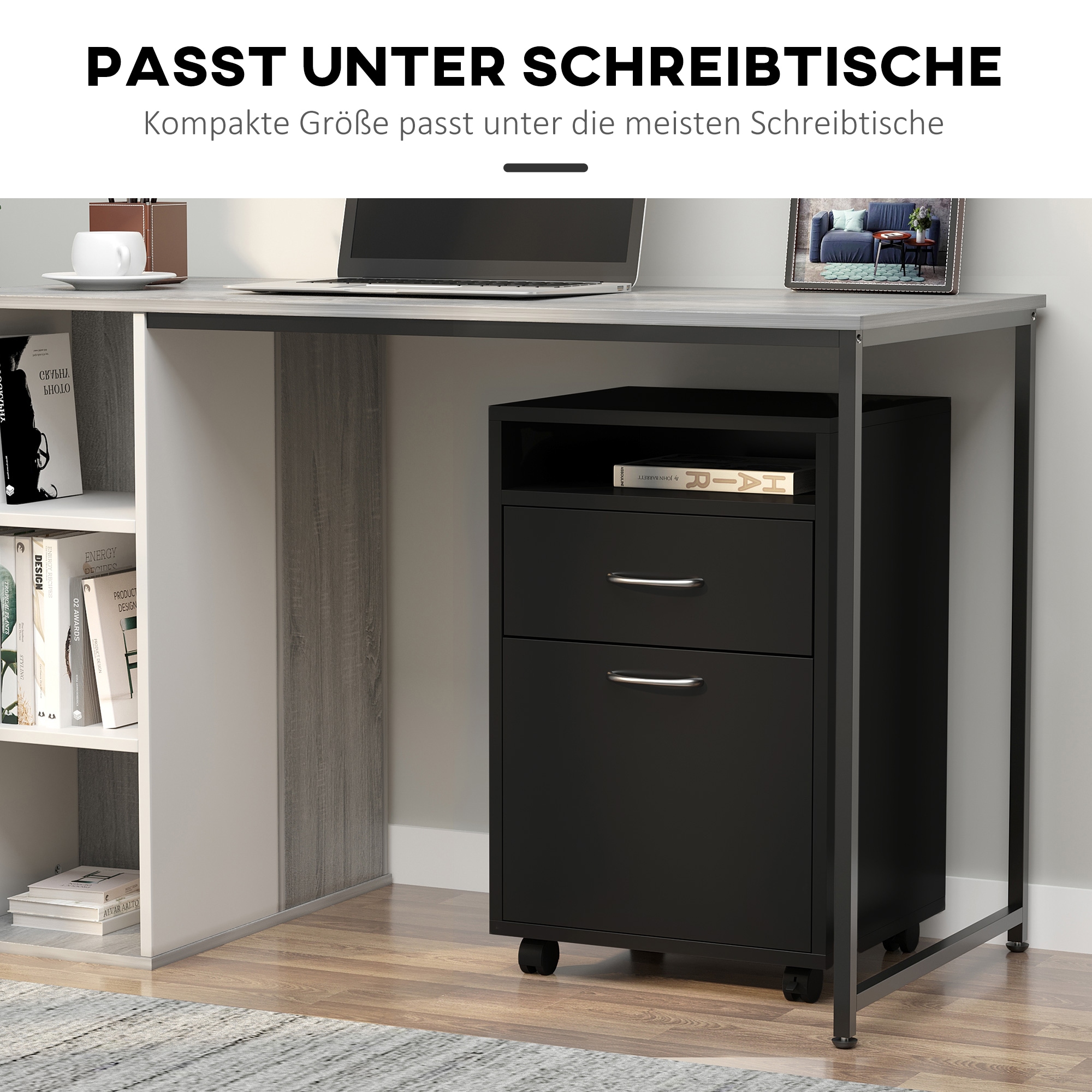 HOMCOM Aktenschrank mit Rollen schwarz 40L x 35B x 60H cm