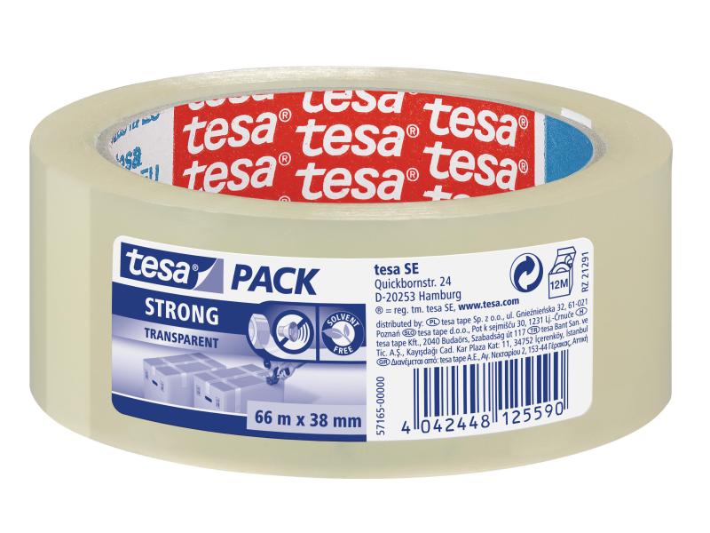 tesa Klebeband strong 38 mm x 66 m, 1 Rolle Transparent Verpackungsklebeband, transparent