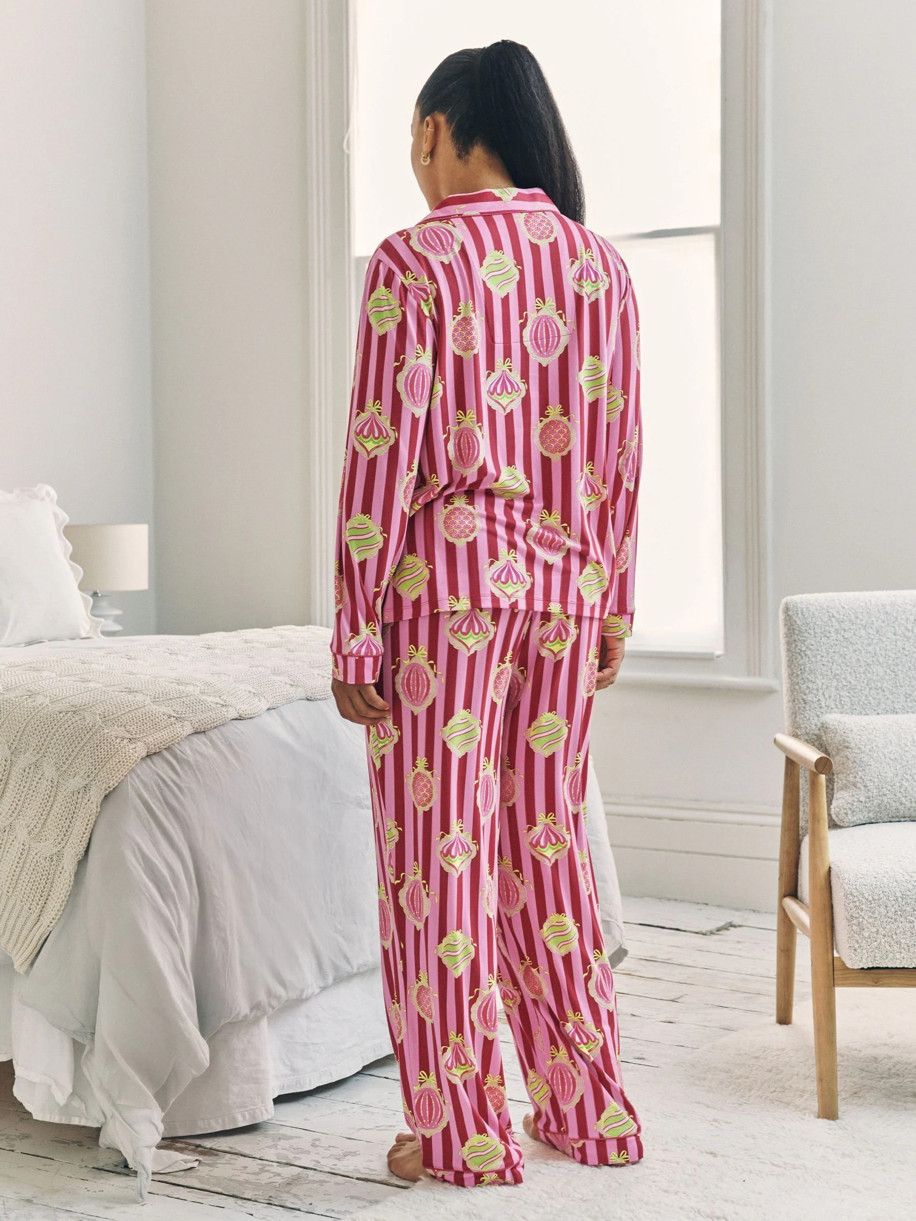 Chelsea Peers Christmas Baubles Stripe Print Long Pyjamas Set
