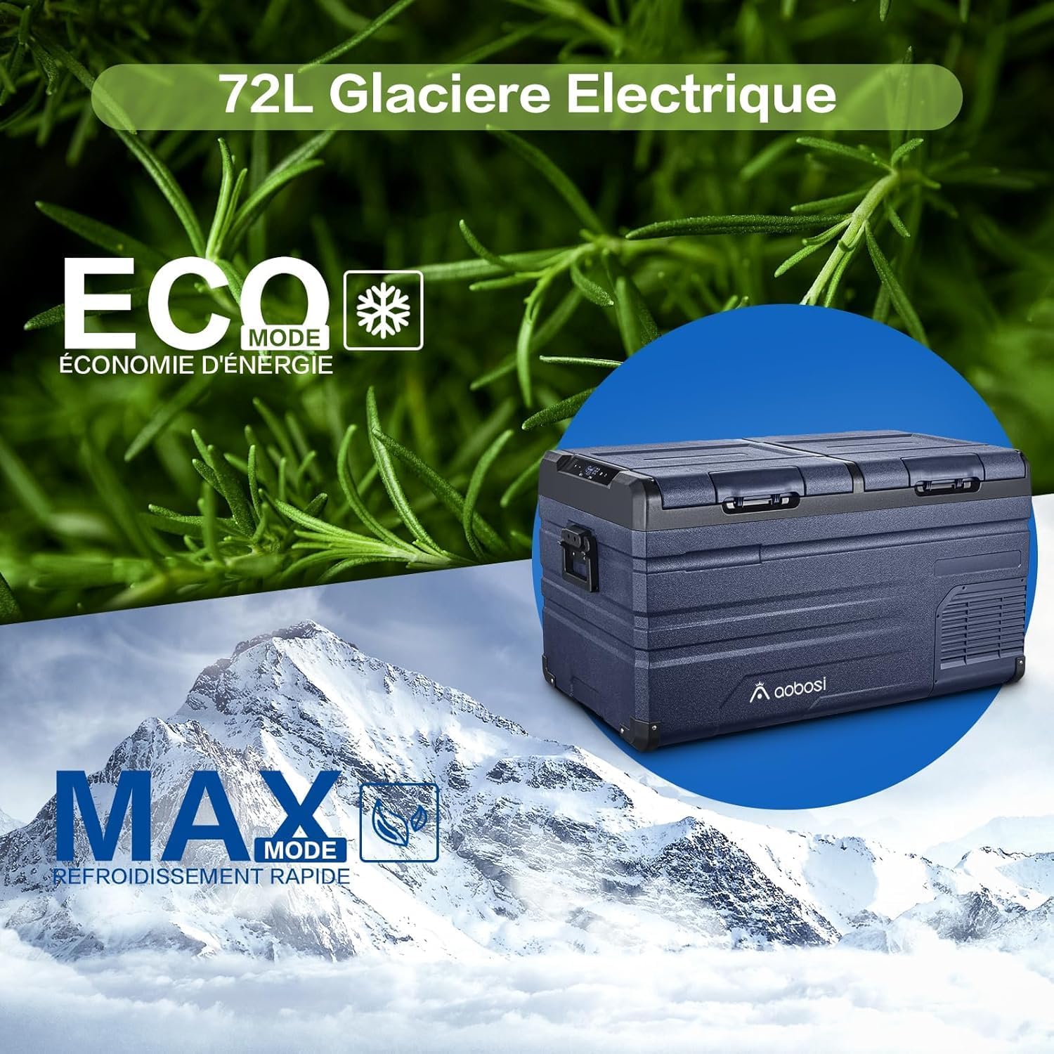 AAOBOSI 46 L Glaciere a Compression, Glaciere Electrique Double Zone, 12 V/24 V et 100-240 V Frigo Camping, -20 ℃ à 20 ℃, pour Voiture, Camion, Bateau, Camping-Car