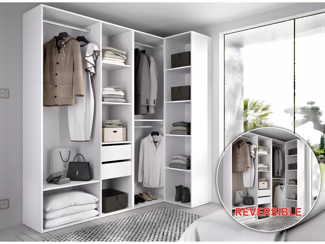 Ensemble dressing d'angle avec 2 tiroirs et fond d'arrière réversible coloris chêne naturel, blanc - Longueur 1825 x Profondeur 79 x Hauteur 205 cm