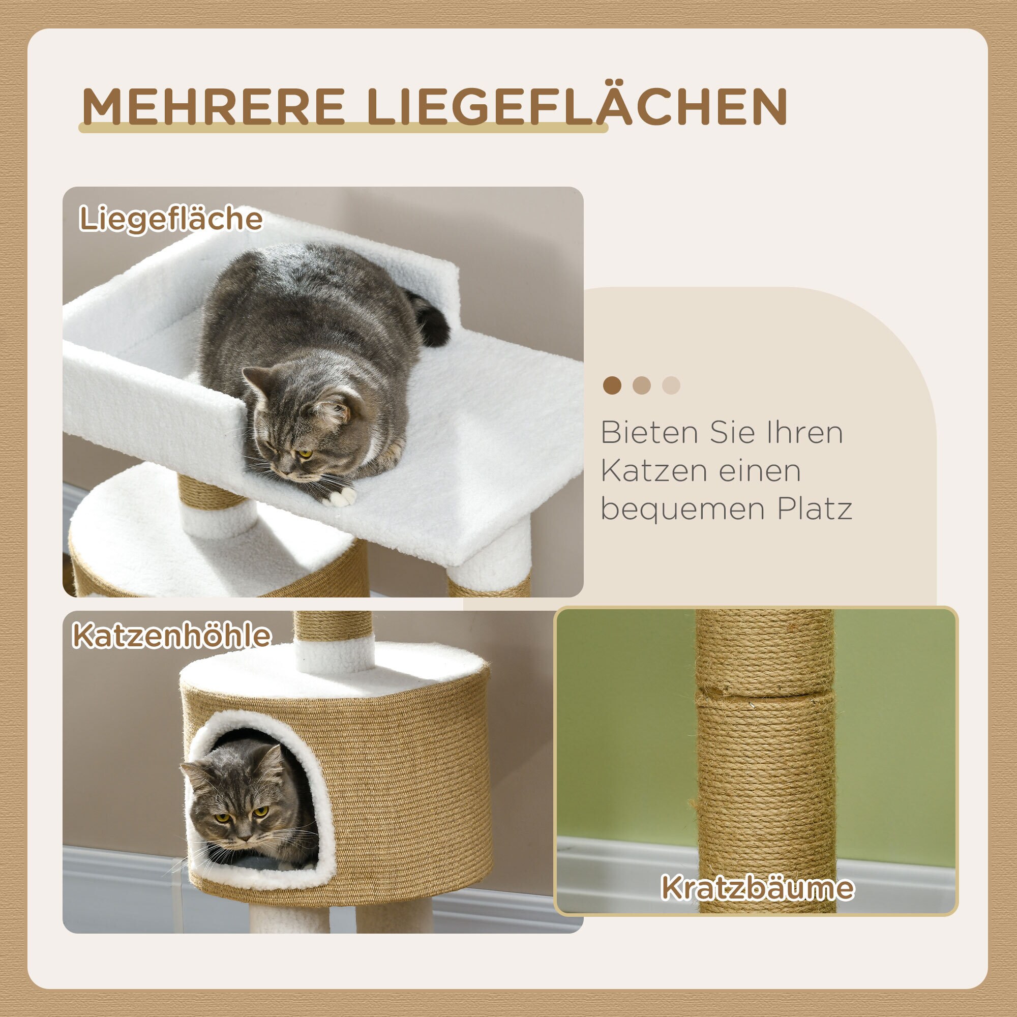 PawHut Kratzbaum mit Katzenhöhle und Liegeebene natur, weiß 70L x 49B x 79H cm